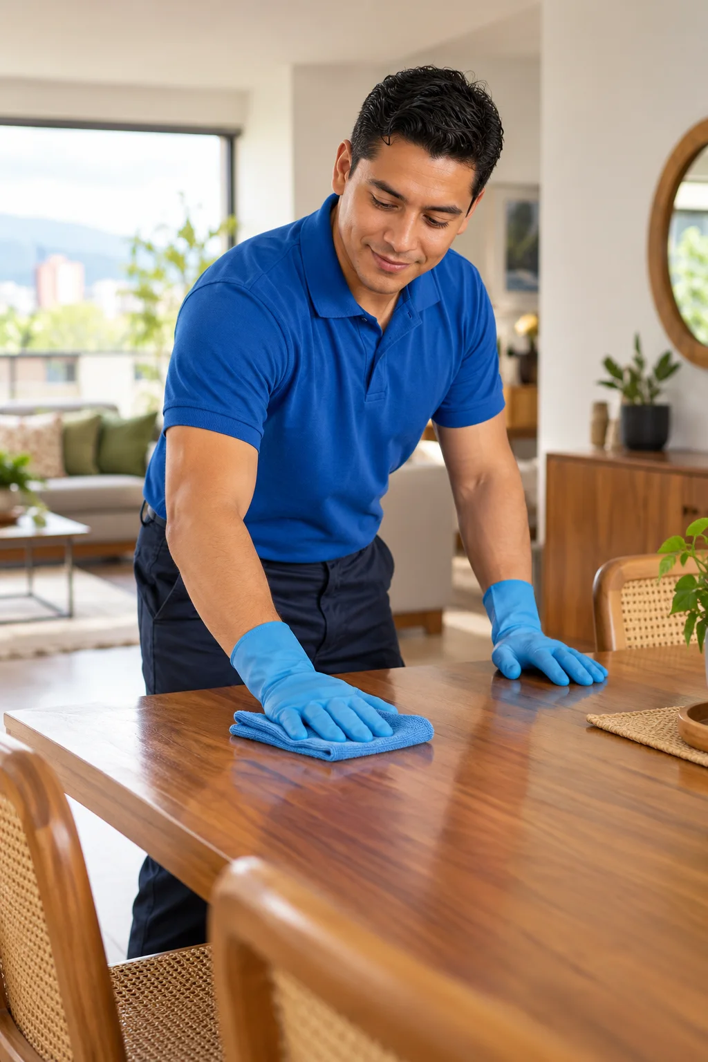 Profesional de limpieza con uniforme azul limpiando una mesa en un hogar.